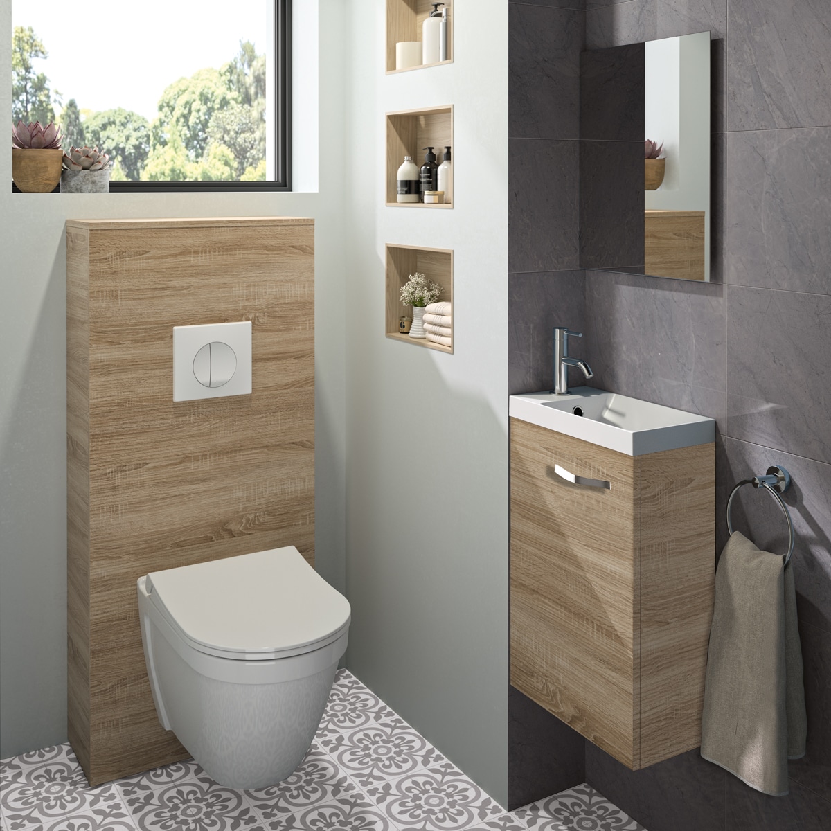 Néova Meubles de Salle de Bains - ESPACE WC Néova - ESPACE WC Lave-mains et habillage bâti-support - Chêne Bardolino Naturel
